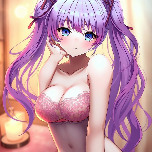 A stunningly beautiful anime girl wearing delicate lingerie, with vibrant, flowing hair and large expressive eyes