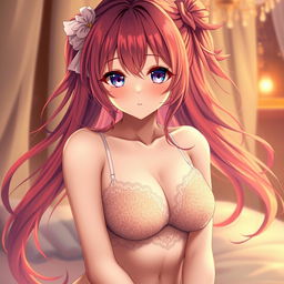 A stunningly beautiful anime girl wearing delicate lingerie, with vibrant, flowing hair and large expressive eyes