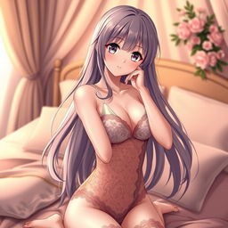 A beautiful anime girl in elegant lingerie, with elaborate lace details and delicate embroidery