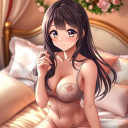 A beautiful anime girl in elegant lingerie, with elaborate lace details and delicate embroidery