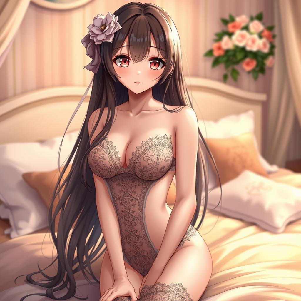 A beautiful anime girl in elegant lingerie, with elaborate lace details and delicate embroidery