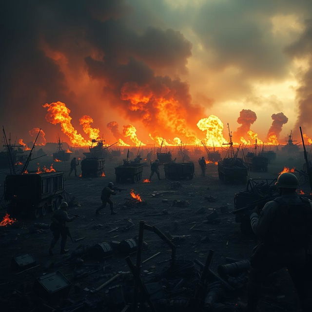 A hauntingly vivid depiction of a dystopian battlefield ravaged by war, engulfed in intense flames