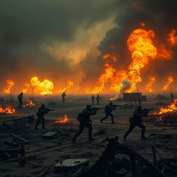 A hauntingly vivid depiction of a dystopian battlefield ravaged by war, engulfed in intense flames