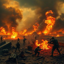 A hauntingly vivid depiction of a dystopian battlefield ravaged by war, engulfed in intense flames