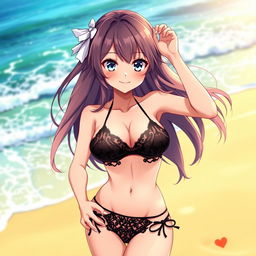 An alluring anime girl wearing a stylish black microkini, showcasing a confident and playful demeanor