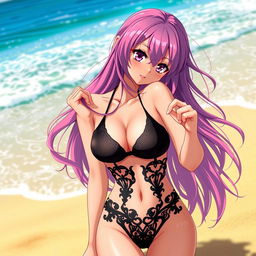 An alluring anime girl wearing a stylish black microkini, showcasing a confident and playful demeanor