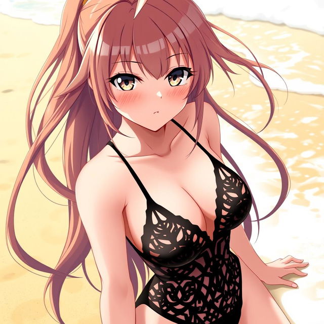 An alluring anime girl wearing a stylish black microkini, showcasing a confident and playful demeanor