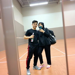 A man and woman posing for a mirror selfie in a badminton hall