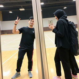 A man and woman posing for a mirror selfie in a badminton hall