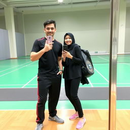 A man and woman posing for a mirror selfie in a badminton hall