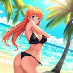 An enticing anime girl wearing a sleek black tight bikini, accentuating her curves while maintaining a stylish and fashionable appearance