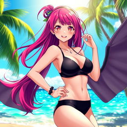 An enticing anime girl wearing a sleek black tight bikini, accentuating her curves while maintaining a stylish and fashionable appearance