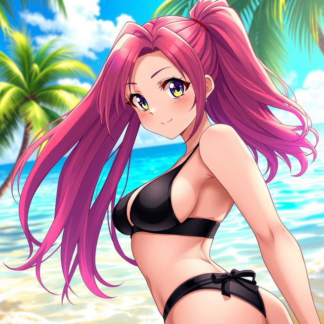 An enticing anime girl wearing a sleek black tight bikini, accentuating her curves while maintaining a stylish and fashionable appearance