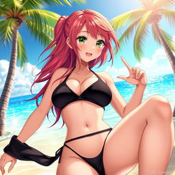 An enticing anime girl wearing a sleek black tight bikini, accentuating her curves while maintaining a stylish and fashionable appearance