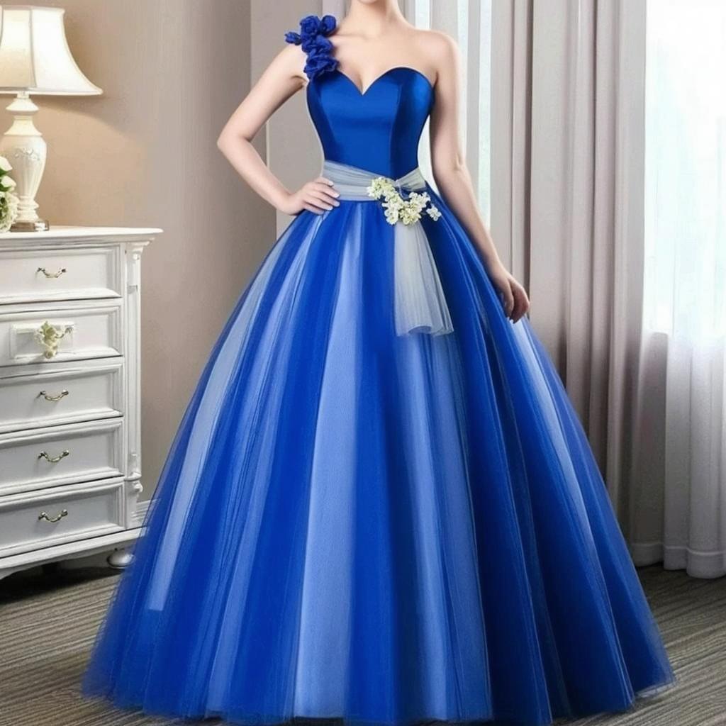 A full body model wearing a stunning blue ball gown