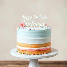 A beautifully decorated cake featuring clean lines and pastel colors