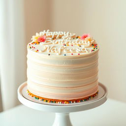 A beautifully decorated cake featuring clean lines and pastel colors