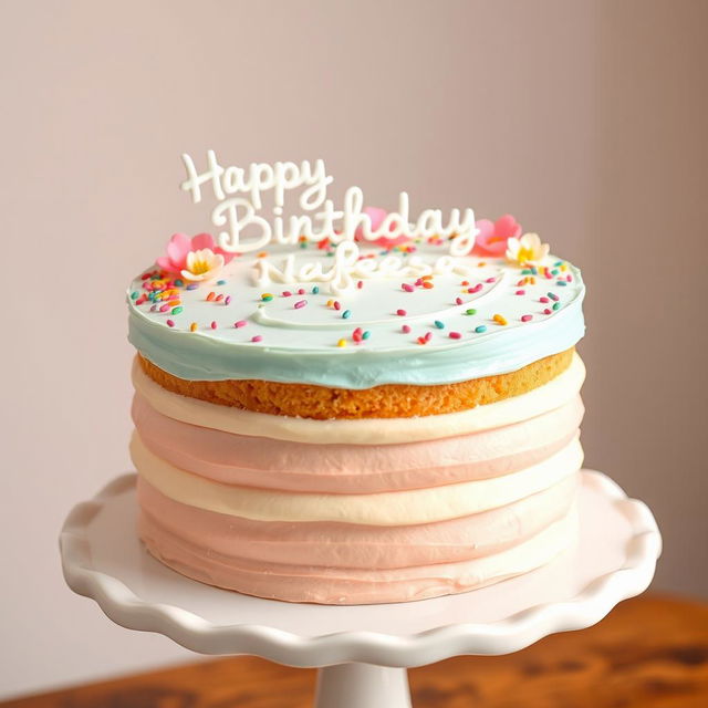 A beautifully decorated cake featuring clean lines and pastel colors