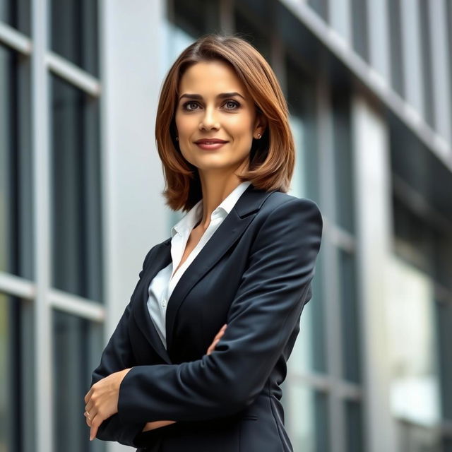 A formal portrait of a confident businesswoman, dressed in an elegant black tailored suit and a white silk blouse