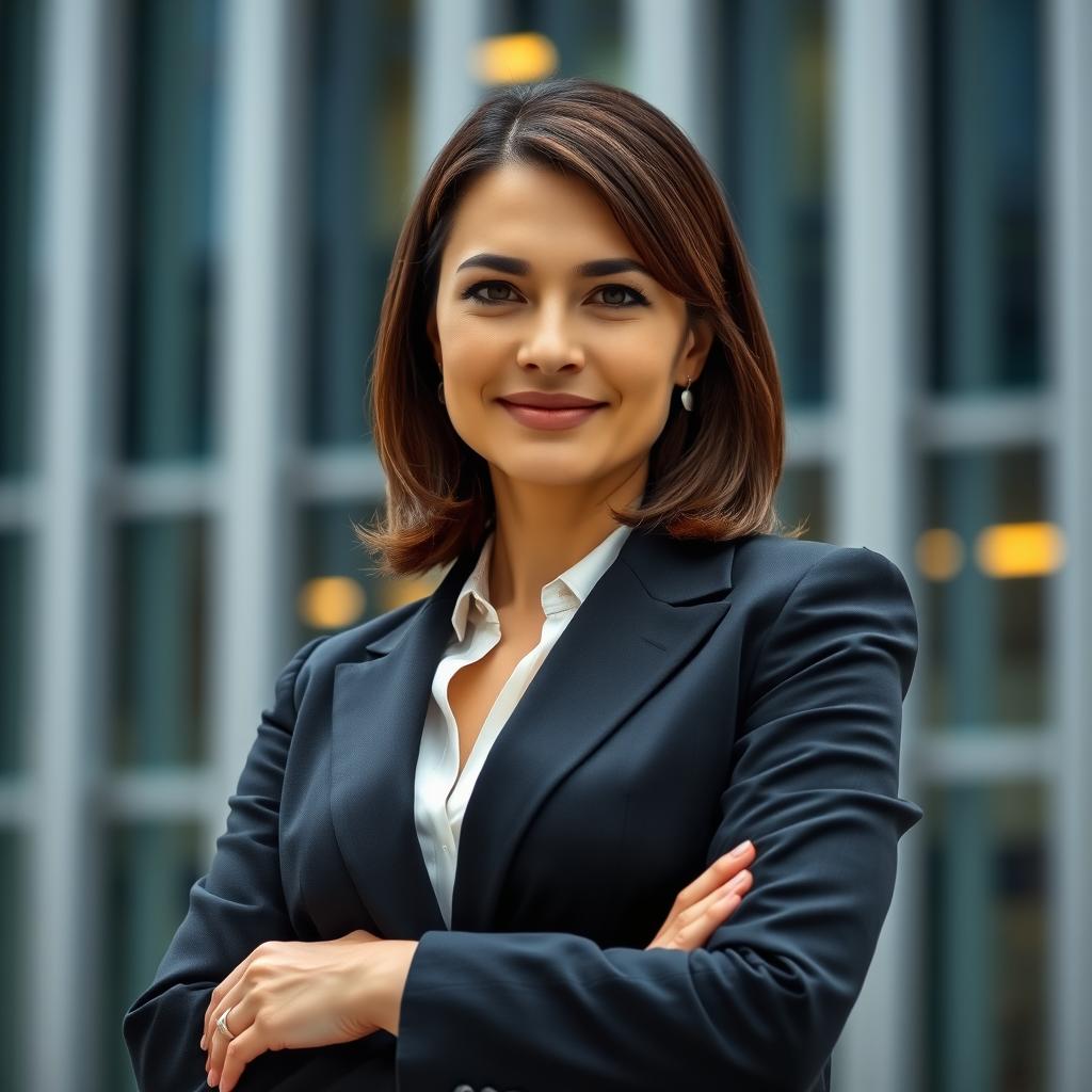 A formal portrait of a confident businesswoman, dressed in an elegant black tailored suit and a white silk blouse