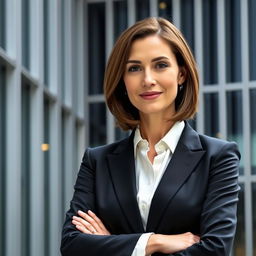 A formal portrait of a confident businesswoman, dressed in an elegant black tailored suit and a white silk blouse