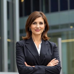 A formal portrait of a confident businesswoman, dressed in an elegant black tailored suit and a white silk blouse