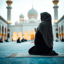 A Muslim woman in traditional attire, performing namaz (prayer) with grace and devotion