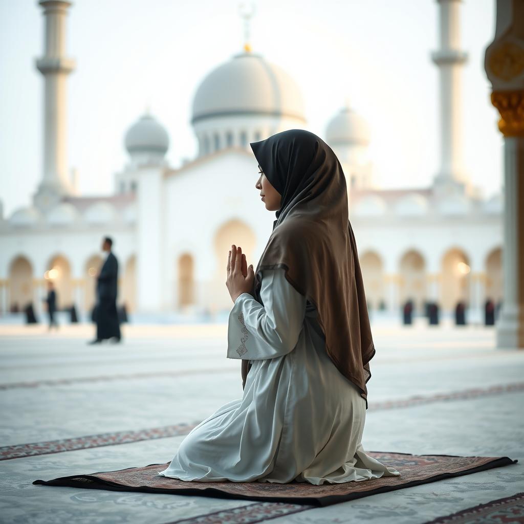 A Muslim woman in traditional attire, performing namaz (prayer) with grace and devotion