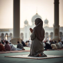 A Muslim woman in traditional attire, performing namaz (prayer) with grace and devotion