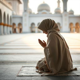 A Muslim woman in traditional attire, performing namaz (prayer) with grace and devotion