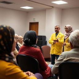 A group of elderly people attentively listening to psychoeducation being presented by two students