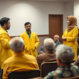 A group of elderly people attentively listening to psychoeducation being presented by two students