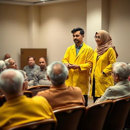 A group of elderly people attentively listening to psychoeducation being presented by two students