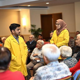 A group of elderly people attentively listening to psychoeducation being presented by two students