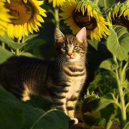 An adorable tabby kitten with piercing green eyes sheltered in a patch of sunflowers.