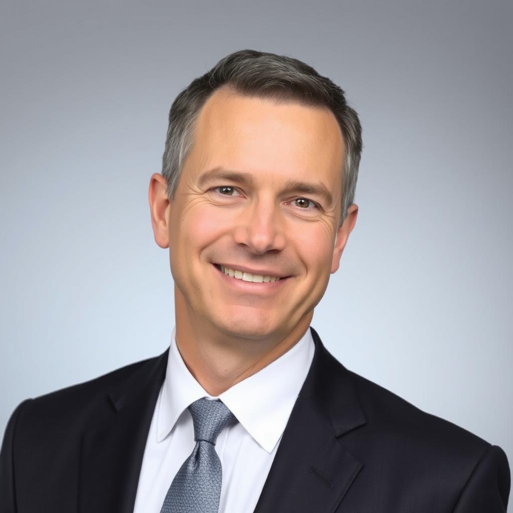 A formal professional portrait of a middle-aged man wearing a dark suit and tie, against a soft grey background