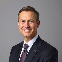 A formal professional portrait of a middle-aged man wearing a dark suit and tie, against a soft grey background