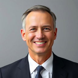 A formal professional portrait of a middle-aged man wearing a dark suit and tie, against a soft grey background