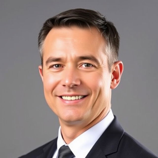 A formal professional portrait of a middle-aged man wearing a dark suit and tie, against a soft grey background