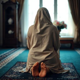 A serene and respectful depiction of a Muslim woman performing namaz (prayer) in the sujud (prostration) position