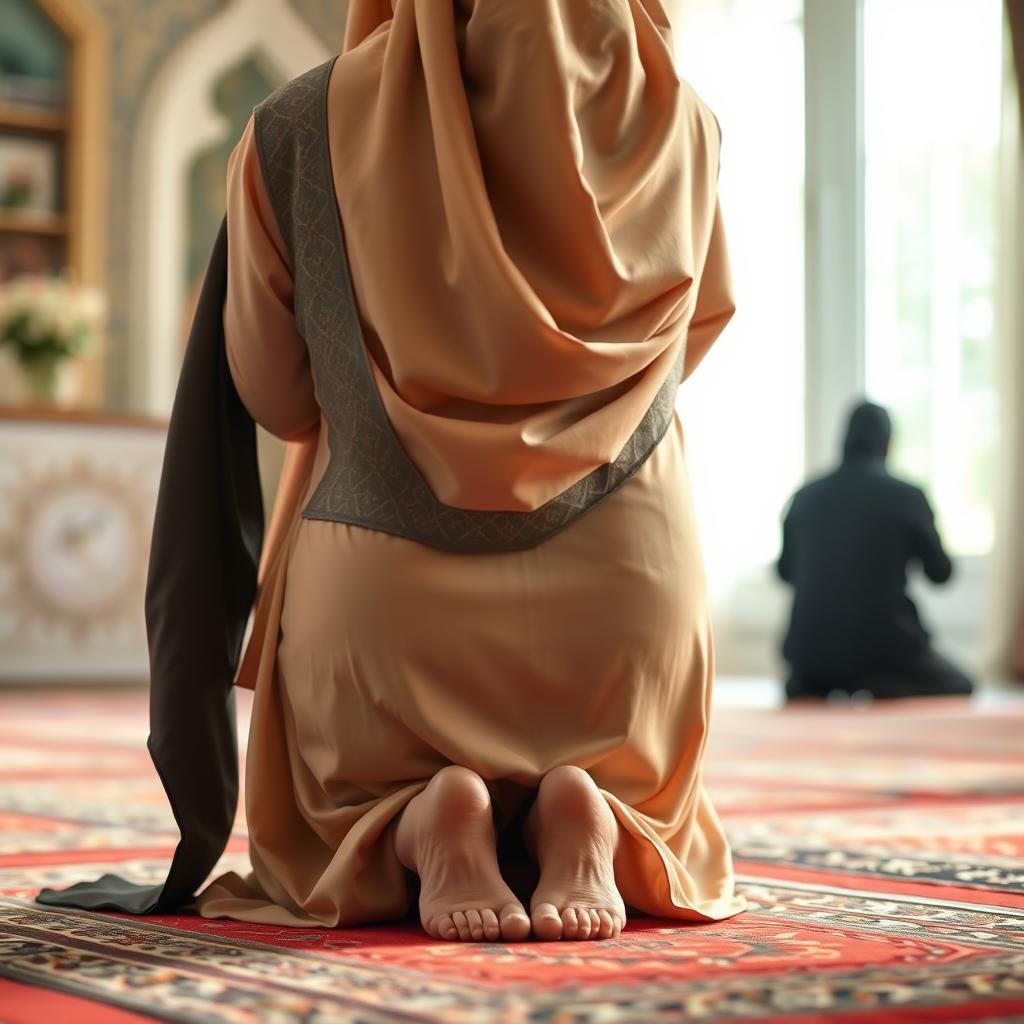 A serene and respectful depiction of a Muslim woman performing namaz (prayer) in the sujud (prostration) position