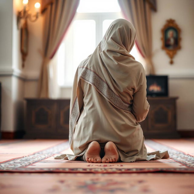 A serene and respectful depiction of a Muslim woman performing namaz (prayer) in the sujud (prostration) position