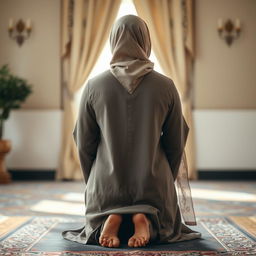 A serene and respectful depiction of a Muslim woman performing namaz (prayer) in the sujud (prostration) position