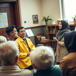 A scene depicting a group of elderly individuals attentively listening to psychoeducation presented by two enthusiastic students