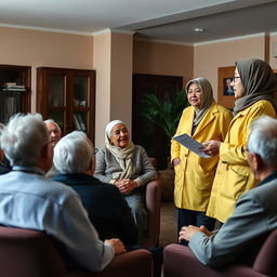A scene depicting a group of elderly individuals attentively listening to psychoeducation presented by two enthusiastic students