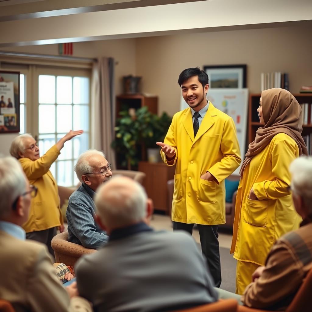 A scene depicting a group of elderly individuals attentively listening to psychoeducation presented by two enthusiastic students