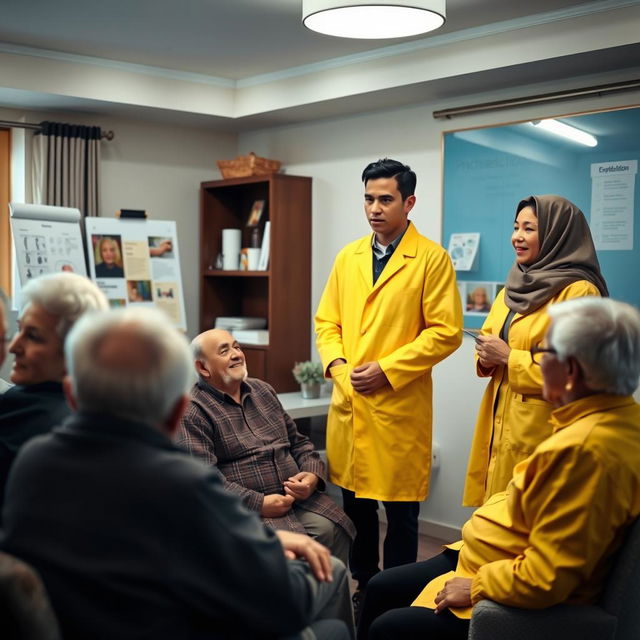 A scene depicting a group of elderly individuals attentively listening to psychoeducation presented by two enthusiastic students