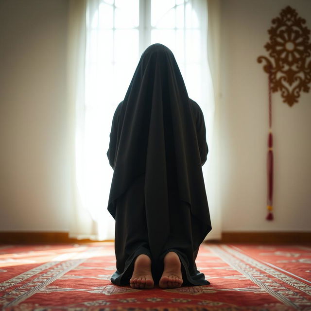 A serene indoor scene of a Muslim woman performing namaz (prayer) in the sujud position