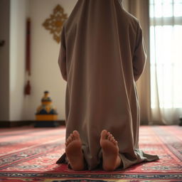 A serene indoor scene of a Muslim woman performing namaz (prayer) in the sujud position