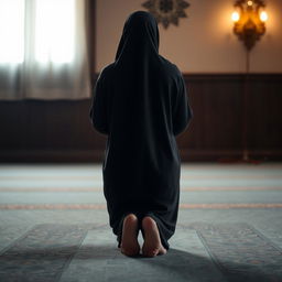 A serene indoor scene of a Muslim woman performing namaz (prayer) in the sujud position